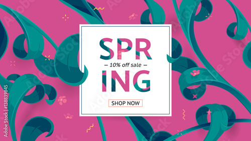 Festive frame decorated with abstract floral elements. Limited offer 10 percent off. Special design for Mother's day, 8 March and Easter. Vector card with purple background
