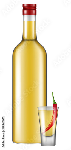 Bottle and shot of vodka with red chili pepper on white background. Vector illustration.