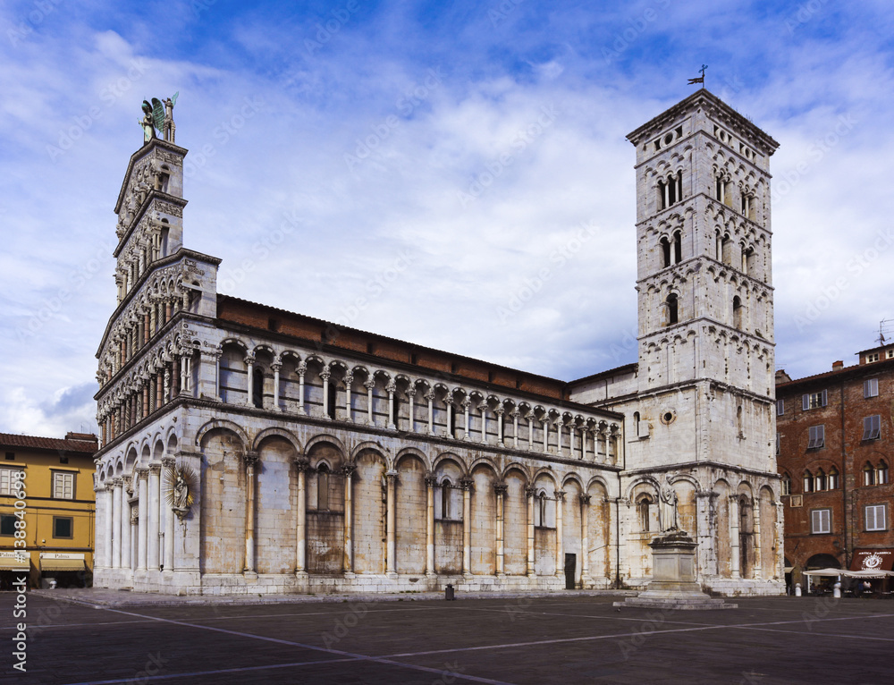 13th century Romanesque facade of the San Michele in Foro is a Roman Catholic basilica church in Lucca_Lucca, Tuscany, Italy
