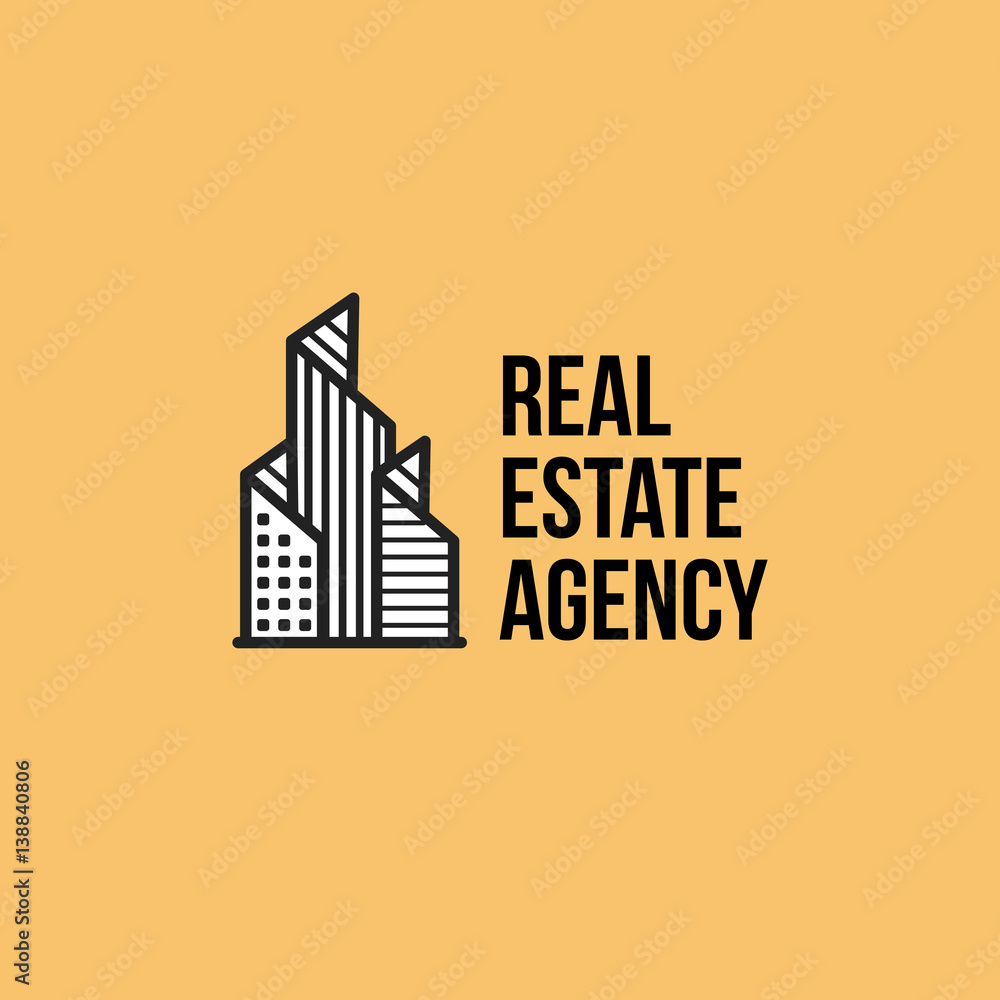 Isolated colorful real estate agency logo, house logotype on white, home concept icon, skyscrapers vector illustration.