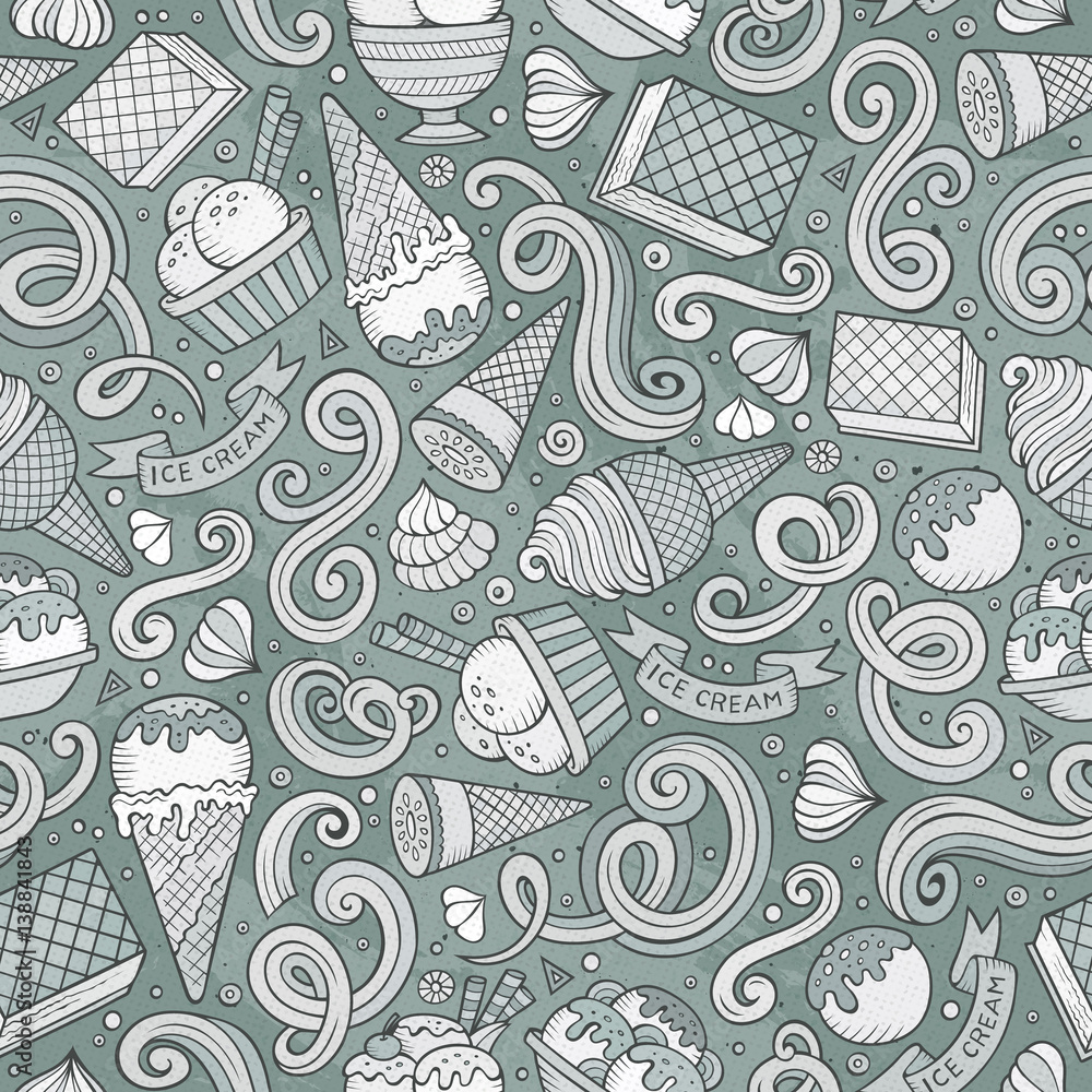 Naklejka premium Cartoon hand-drawn ice cream doodles seamless pattern