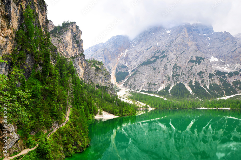 Lago di Braies ( Pragser Wildsee ) in Dolomites mountains - Sudtirol, Italy