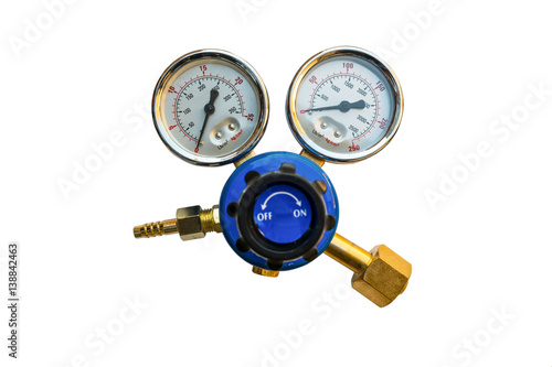 Obraz na plátně Argon cylinder pressure regulator gauge isolated on a white background