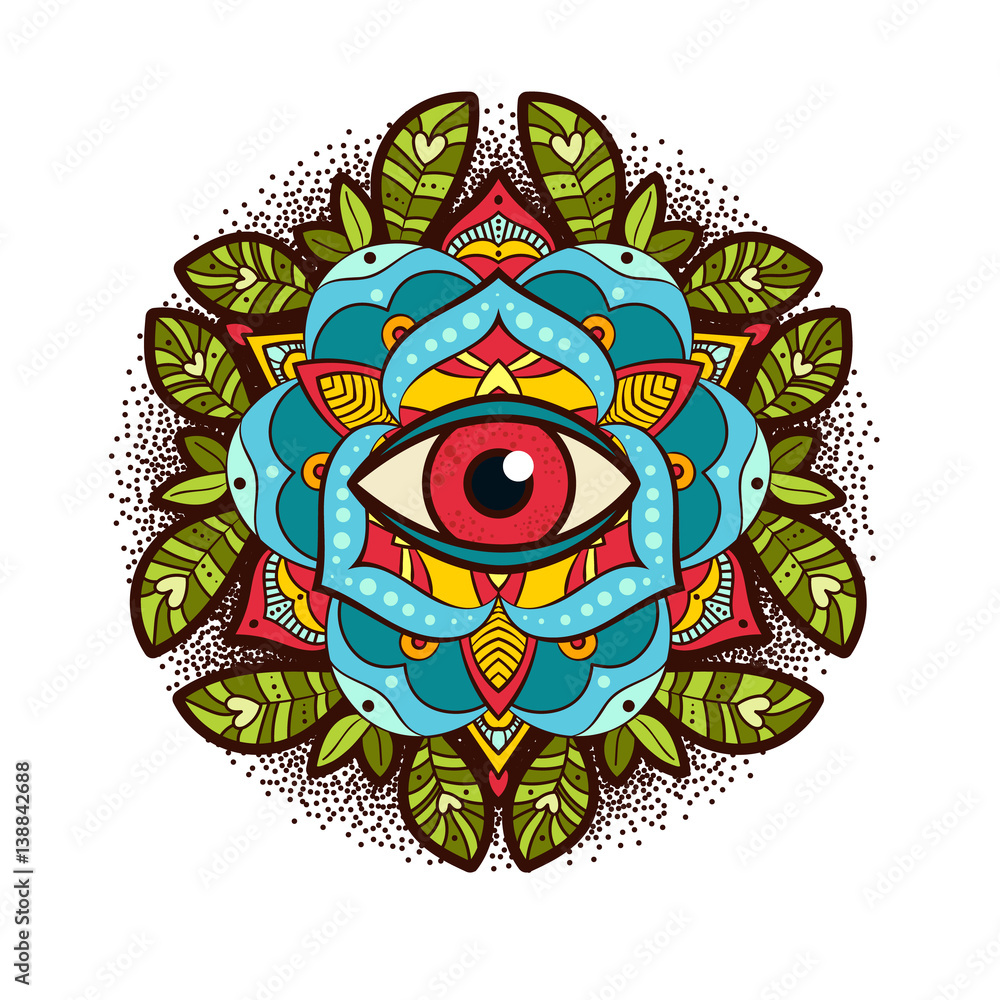 Beautiful ornamental peony, rose flower with an eye of providence. old school tattoo, print on postcards, T-shirts, packaging, smartphone cover, napkins, pillows. Alchemical Tarot Magic flower. Vector