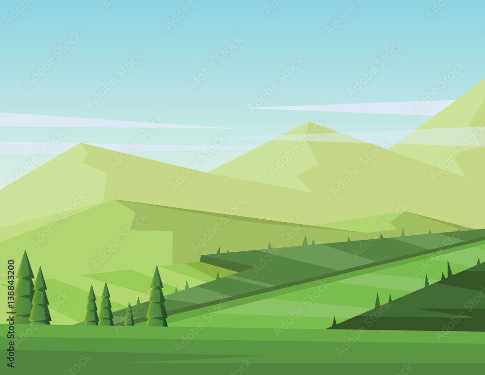 Digital vector abstract background with pine trees, green fields and clouds, flat triangle style