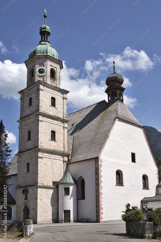 Protestant church in downtown Berchtesgaden, Germany. Single spire.