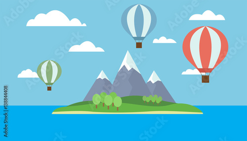 View of balloons flying over the island with mountains in the sea with blue sky and clouds - Vector