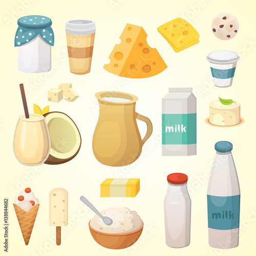 Fresh organic milk products set with cheese, butter, coffee, sour cream and ice cream.