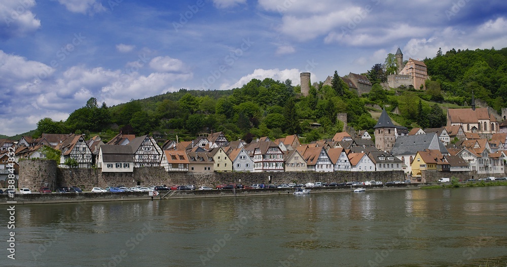 Ancient town village of HIRSCHHORN in Hesse district of Germany on banks of Neckar river, Hesse, Germany, Mai 2016