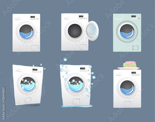 Washing machine set. Flat style vector illustration.
