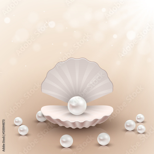 Shell with pearl inside on abstract background, vector wallpaper