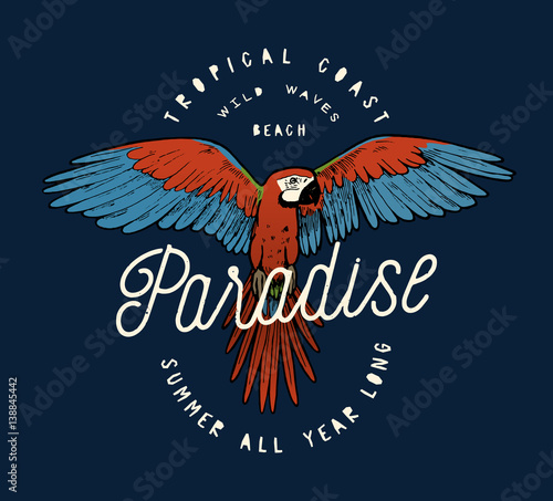 red ara parrot vintage paradise tropical print 