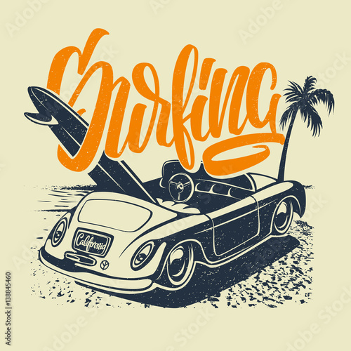 Summer Surf Print with car, Palm Trees and Lettering. Vector Illustartion