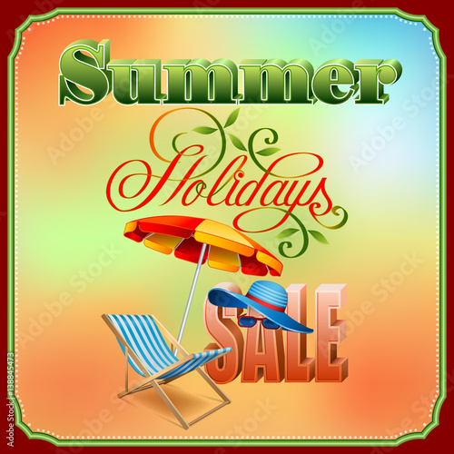 Background design with retro, handwritten and 3d texts, beach accessories for Summer sales commercial event; Vector illustration