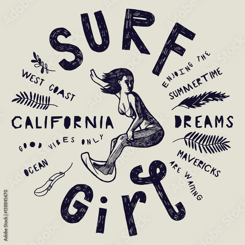 surf girl vintage grunge tropical coast print 