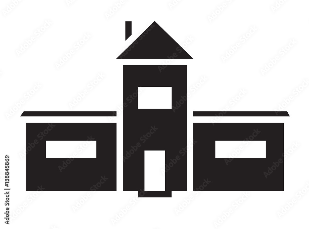 Black and white house with central tower, icon vector isolated in withe ...