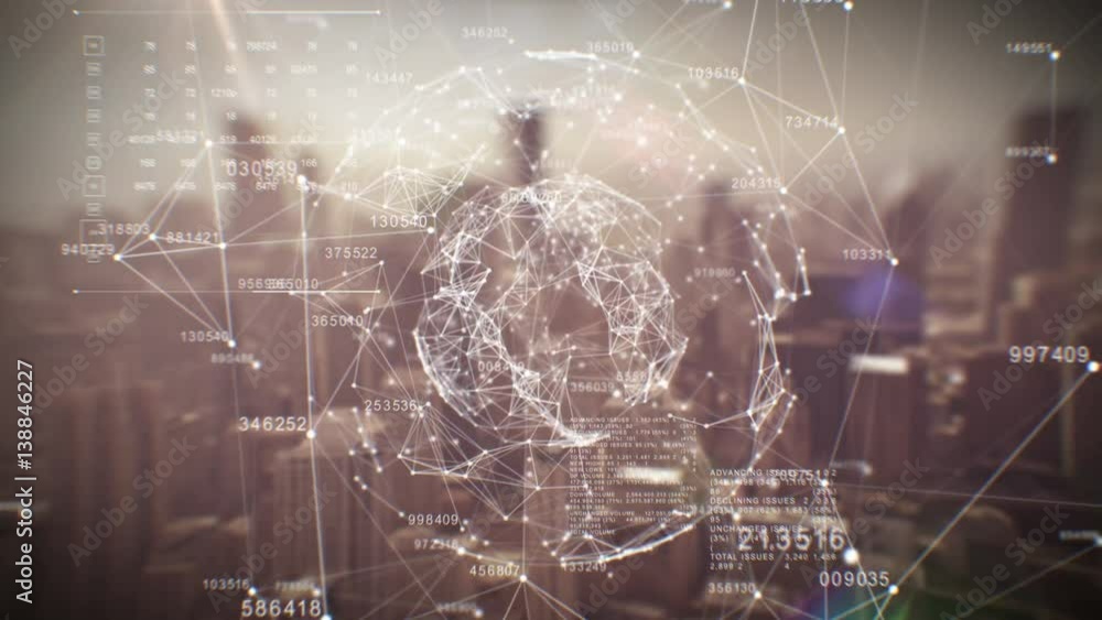 Beautiful Global Business Hologram. Loop Animation of Digital Sphere over Abstract City. Business and Technology Concept. Ultra HD. 3840x2160. Beautiful Global Business Hologram. Loop Animation of Digital Sphere over Abstract City. Business and Technology Concept. Ultra HD. 3840x2160.