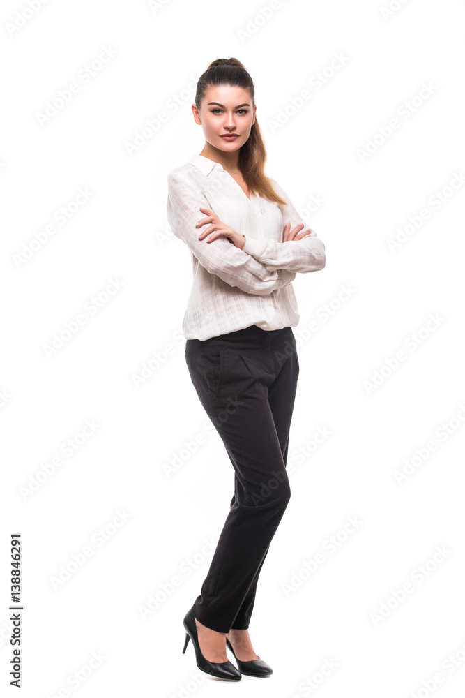 Full length young woman straight posing in studio isolated on white background Full length young woman straight posing in studio isolated on white background
