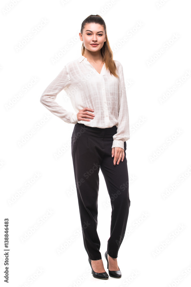Full length young woman straight long dark hair posing in studio isolated on white background Full length young woman straight long dark hair posing in studio isolated on white background