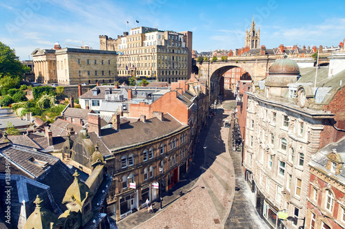 Aerial view of Newcastle's Quayside, Castle Keep and Cathedral by the River Tyne. photo