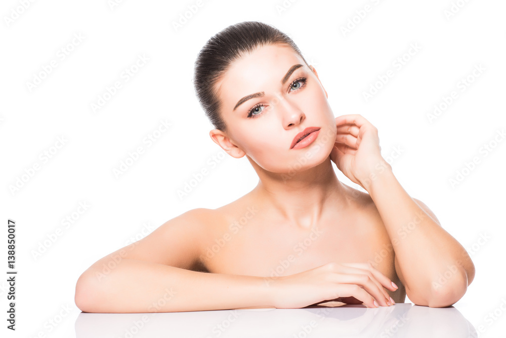 Beauty Portrait. Beautiful Spa Woman Touching her Face. Perfect Fresh Skin. Isolated on White Background. Pure Beauty Model. Beauty Portrait. Beautiful Spa Woman Touching her Face. Perfect Fresh Skin. Isolated on White Background. Pure Beauty Model.