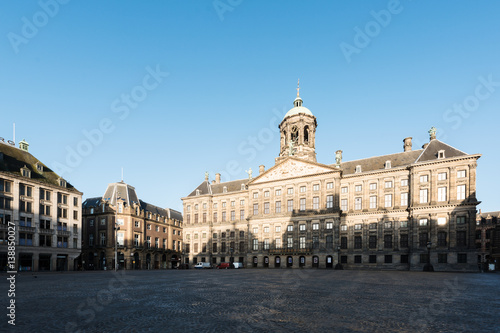 Royal Palace at the Dam Square in Amsterdam, Netherlands. No people in Dam Square in Amsterdam, Netherlands.