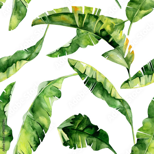 Seamless watercolor illustration of tropical leaves, dense jungle. Pattern wi...
