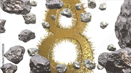 8 March symbol made of golden city blocks or star ship flying in the space with asteroids. Can be used as a decorative greeting grungy or postcard for international Woman's Day. 3d illustration