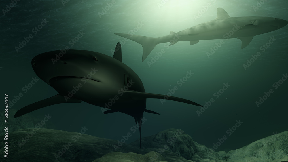 Fototapeta premium Computer generated sharks swimming close to the ocean floor
