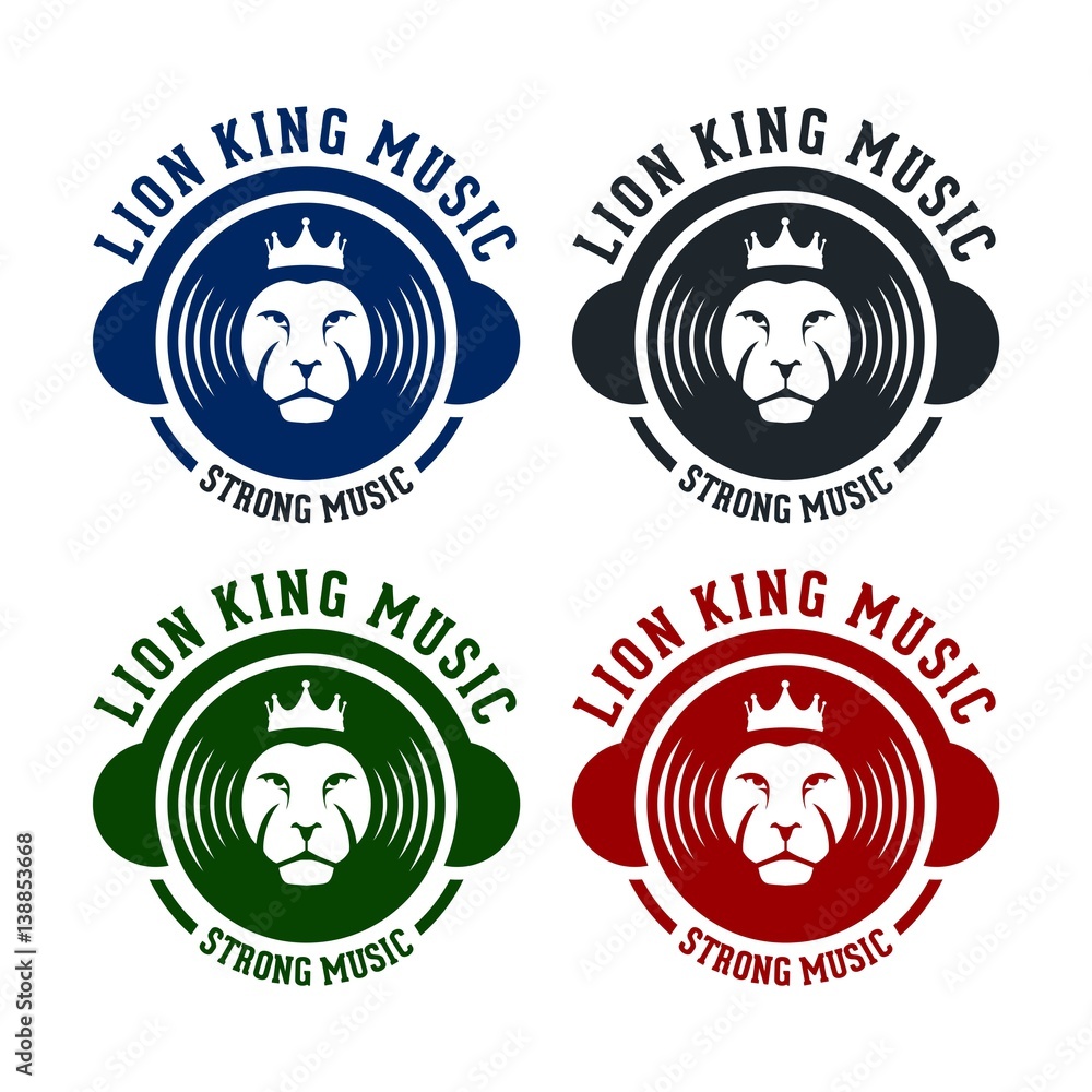 Lion Logo, Head Lion King Vinyl Record and Headphones Design