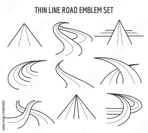 Thin line road and highway icons. Linear traffic route signs on white background