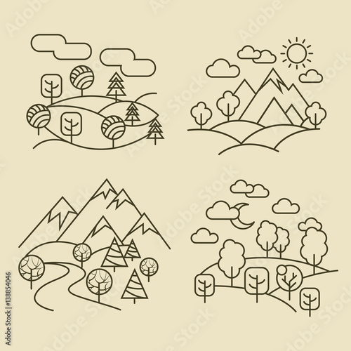 Nature landscape thin line icons. Forest and valley landscapes vector illustration