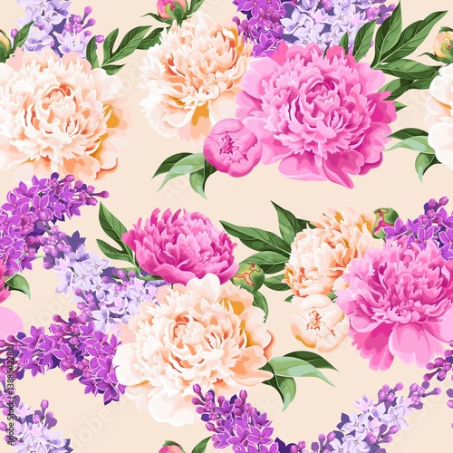Seamless varicolored peonies and lilac