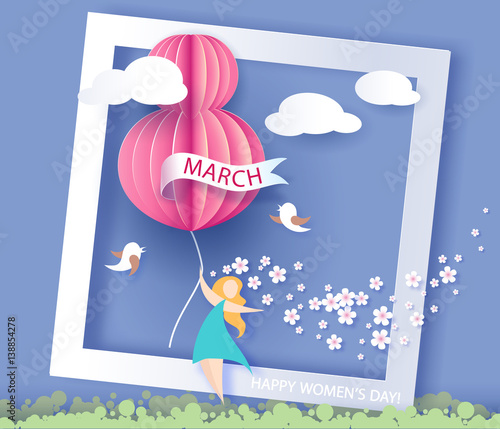 Card for 8 March womens day. Abstract background with text and flowers .Vector illustration. Paper cut and craft style.