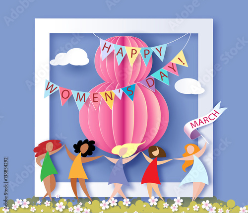 Card for 8 March womens day. Abstract background with text and flowers .Vector illustration. Paper cut and craft style.