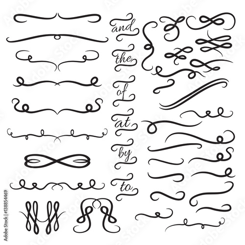 Set of vintage design elements for text. Hand drawn swirls, flourishes, dividers and curls. Vector illustration.