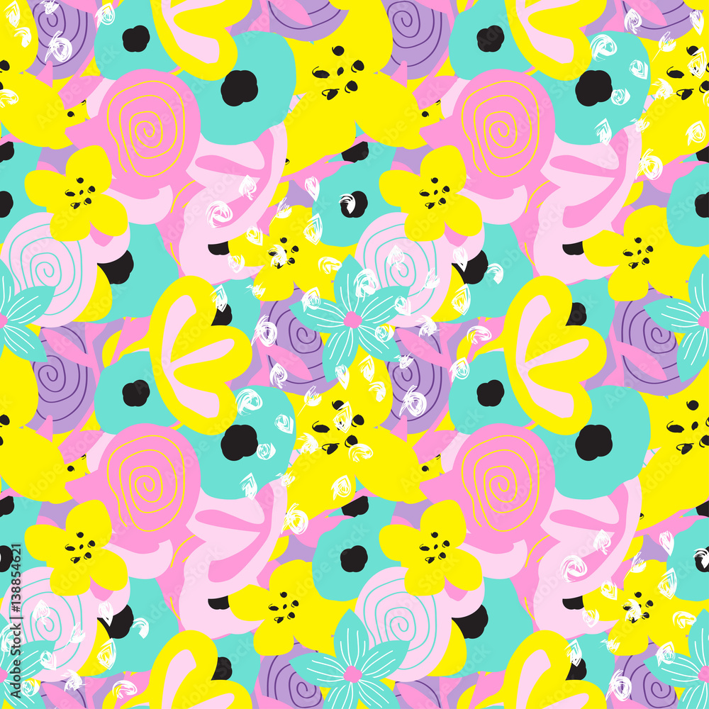 Free hand bold floral seamless pattern. Wild flowers background. Vector illustration.