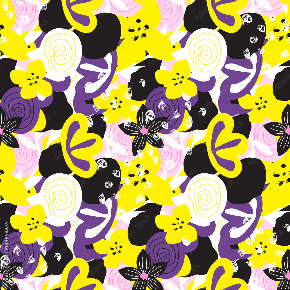 Fototapeta premium Free hand bold floral seamless pattern. Wild flowers background. Vector illustration.