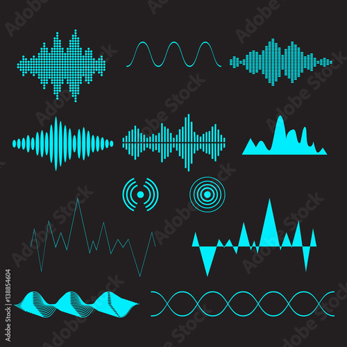 Sound waves set. Audio technology, musical pulse. Vector illustration.