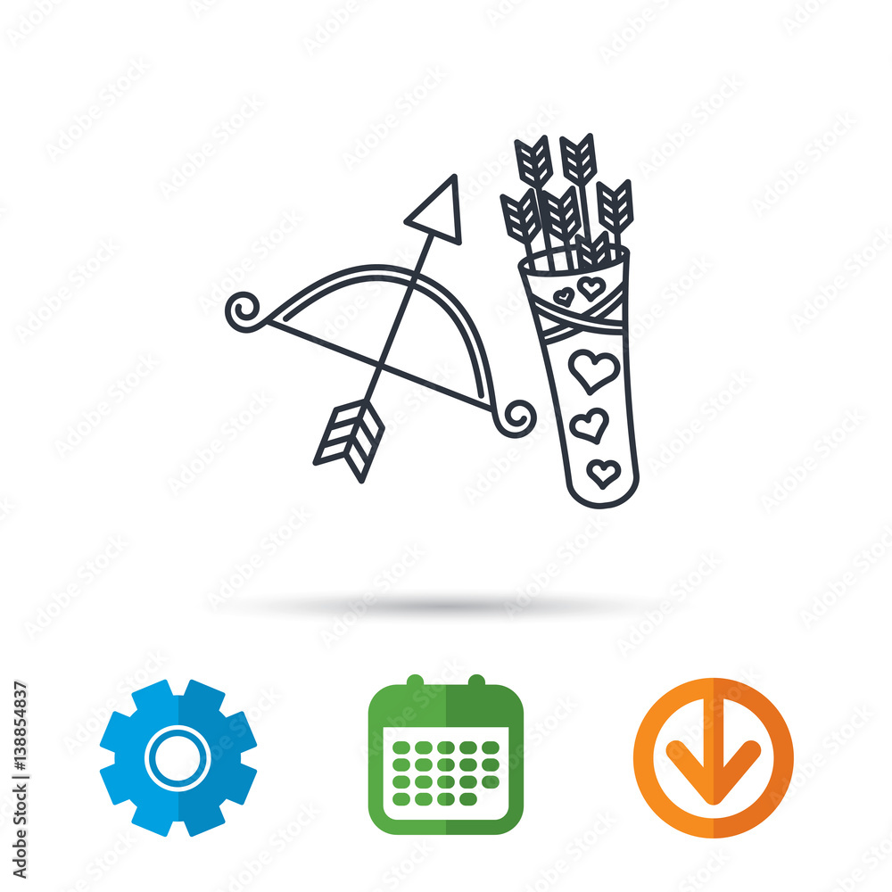 Amour arrows and bow icon. Valentine weapon sign. Calendar, cogwheel and download arrow signs. Colored flat web icons. Vector
