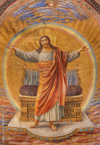 Tablou pe pânză BERLIN, GERMANY, FEBRUARY - 14, 2017: The Fresco of Jesus Christ in main apse of Herz Jesus church by Friedrich Stummel and Karl Wenzel from end of 19