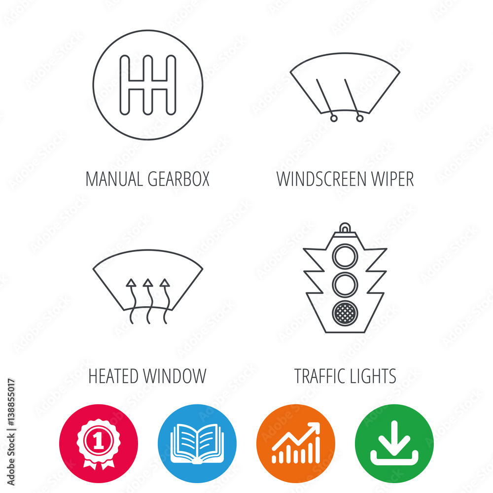 Traffic lights, manual gearbox and wiper icons. Heated window, manual transmission linear signs. Washing window icon. Award medal, growth chart and opened book web icons. Download arrow. Vector Traffic lights, manual gearbox and wiper icons. Heated window, manual transmission linear signs. Washing window icon. Award medal, growth chart and opened book web icons. Download arrow. Vector