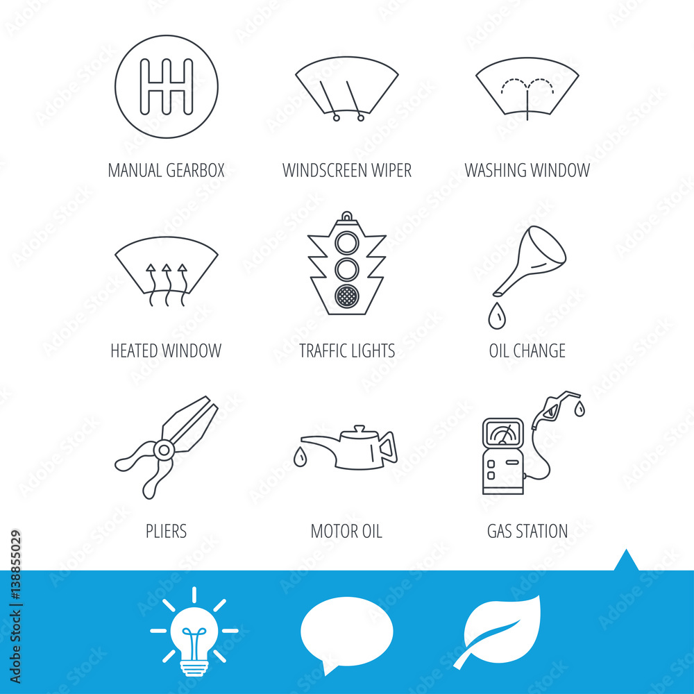 Motor oil change, traffic lights and pliers icons. Gas station, heated window and manual gearbox linear signs. Washing window icons. Light bulb, speech bubble and leaf web icons. Vector Motor oil change, traffic lights and pliers icons. Gas station, heated window and manual gearbox linear signs. Washing window icons. Light bulb, speech bubble and leaf web icons. Vector