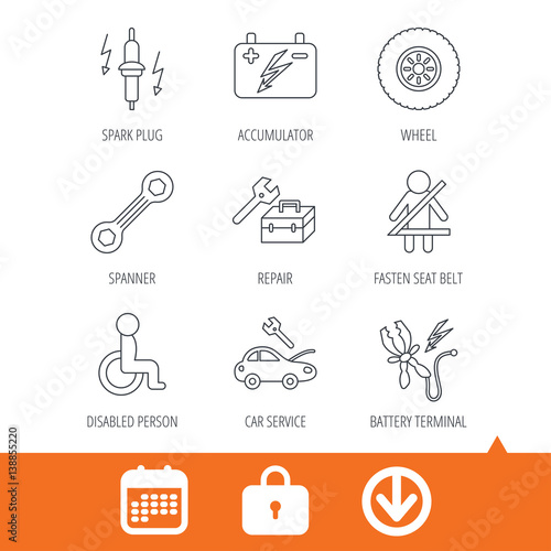 Accumulator, spanner tool and car service icons. Repair toolbox, wheel and spark plug linear signs. Disabled person, battery terminal icons. Download arrow, locker and calendar web icons. Vector