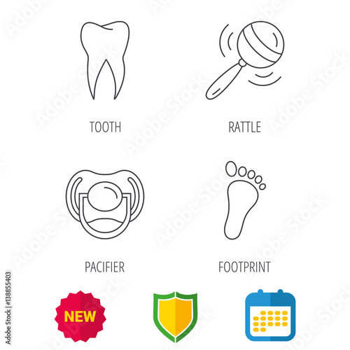 Pacifier, footprint and dental tooth icons. Rattle toy linear sign. Shield protection, calendar and new tag web icons. Vector