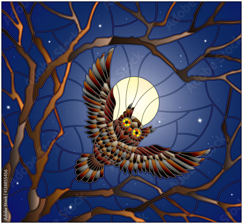 The illustration in stained glass style painting with the owl in the night starry sky and moon in between the branches of the tree