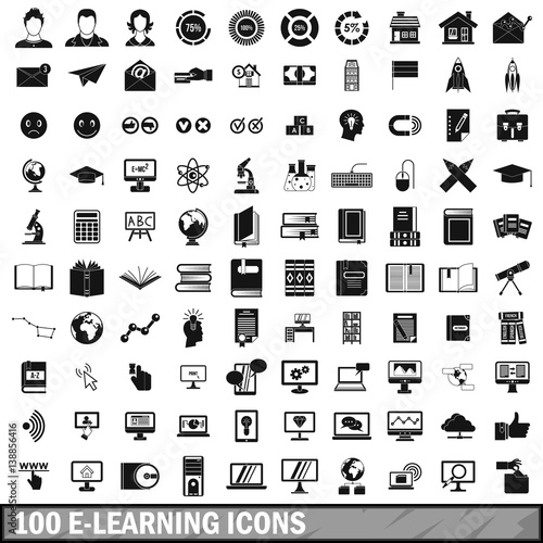 100 e-learning icons set in simple style