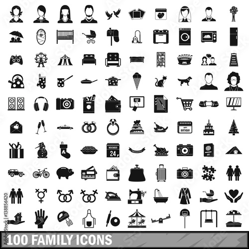 100 family icons set in simple style