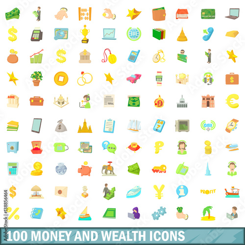 100 money and wealth icons set, cartoon style