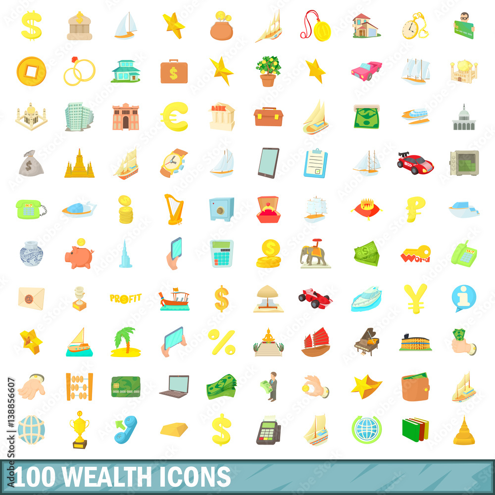 100 wealth icons set, cartoon style 100 wealth icons set, cartoon style